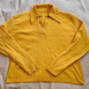 Vintage Yellow Ribbed Long Sleeve Polo Sweater